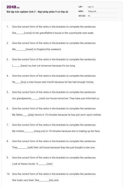 Bài tập trắc nghiệm Unit 2 - Ngữ pháp phần 9 có đáp án