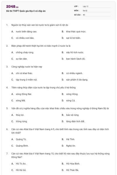 Đề thi THPT Quốc gia Địa lí có đáp án