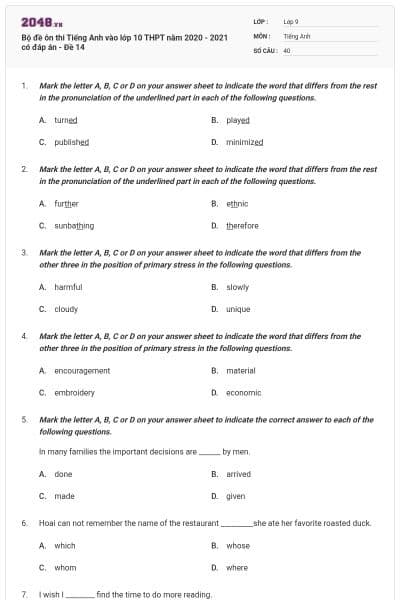 Bộ đề ôn thi Tiếng Anh vào lớp 10 THPT năm 2020 - 2021 có đáp án - Đề 14