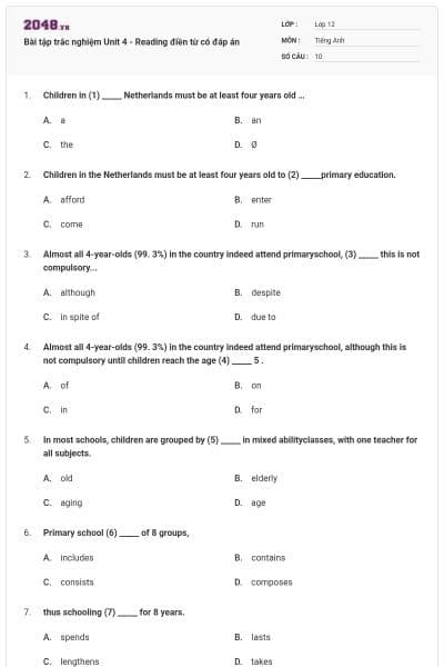 Bài tập trắc nghiệm Unit 4 - Reading điền từ có đáp án