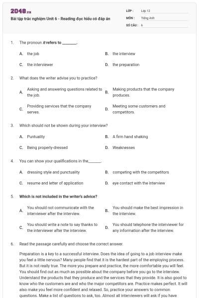 Bài tập trắc nghiệm Unit 6 - Reading đọc hiểu có đáp án