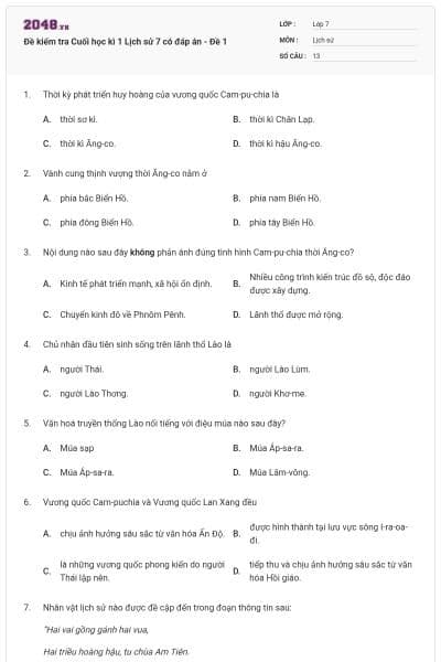 Đề kiểm tra Cuối học kì 1 Lịch sử 7 có đáp án - Đề 1
