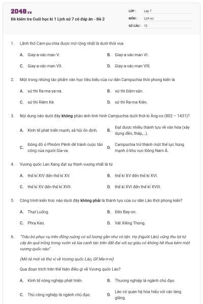 Đề kiểm tra Cuối học kì 1 Lịch sử 7 có đáp án - Đề 2