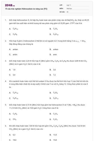 75 câu trắc nghiệm Hidrocacbon no nâng cao (P2)