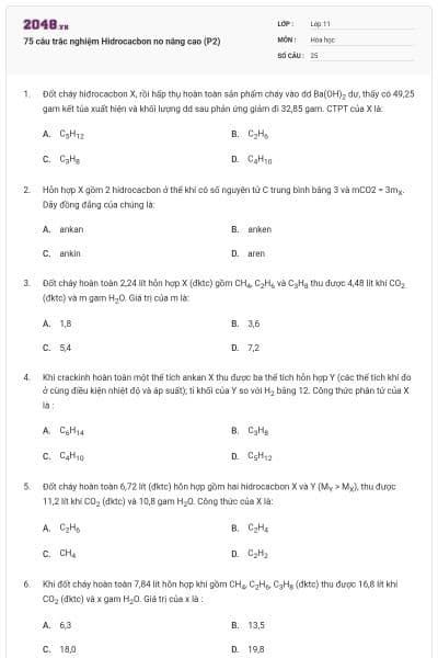 75 câu trắc nghiệm Hidrocacbon no nâng cao (P2)
