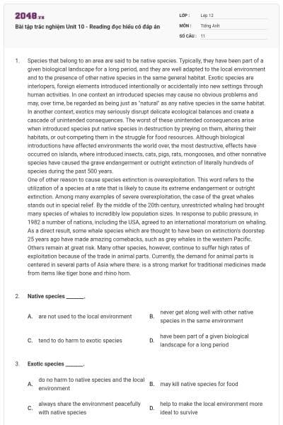 Bài tập trắc nghiệm Unit 10 - Reading đọc hiểu có đáp án