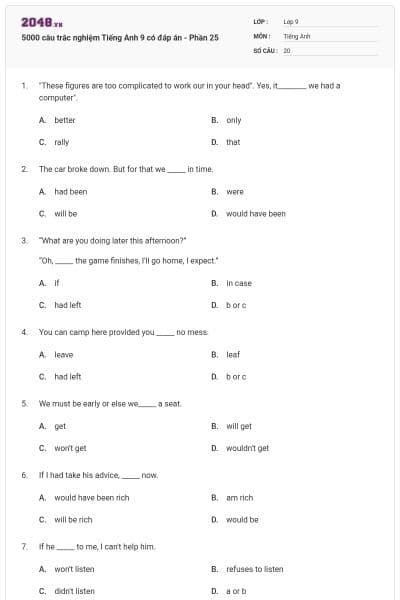 5000 câu trắc nghiệm Tiếng Anh 9 có đáp án - Phần 25