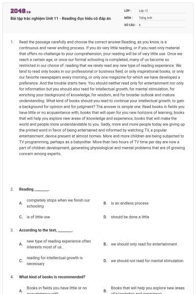 Bài tập trắc nghiệm Unit 11 - Reading đọc hiểu có đáp án