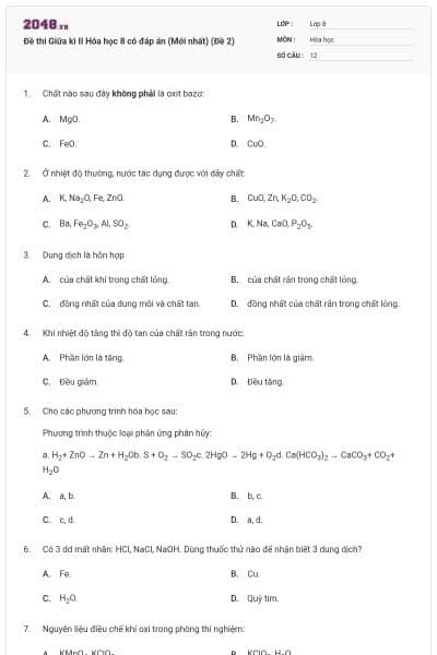 Đề thi Giữa kì II Hóa học 8 có đáp án (Mới nhất) (Đề 2)