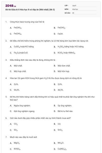 Đề thi Giữa kì II Hóa học 8 có đáp án (Mới nhất) (Đề 3)