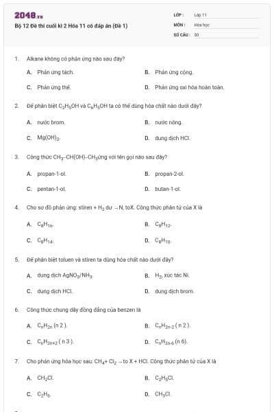 Bộ 12 Đề thi cuối kì 2 Hóa 11 có đáp án (Đề 1)