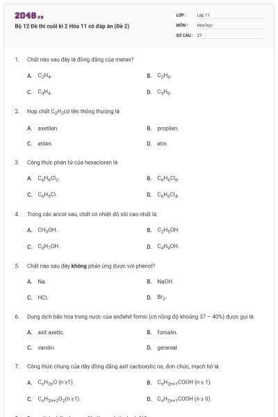 Bộ 12 Đề thi cuối kì 2 Hóa 11 có đáp án (Đề 2)