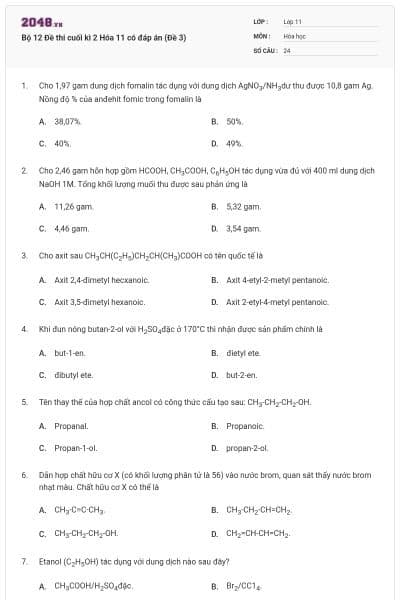 Bộ 12 Đề thi cuối kì 2 Hóa 11 có đáp án (Đề 3)