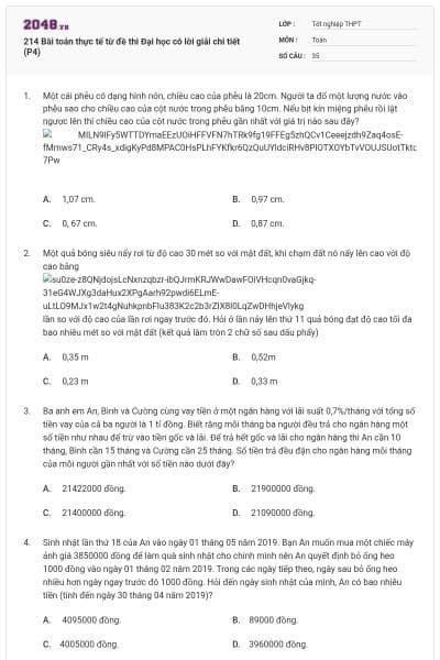 214 Bài toán thực tế từ đề thi Đại học có lời giải chi tiết (P4)