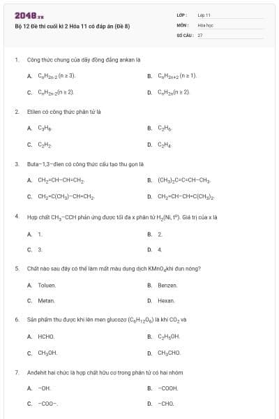 Bộ 12 Đề thi cuối kì 2 Hóa 11 có đáp án (Đề 8)