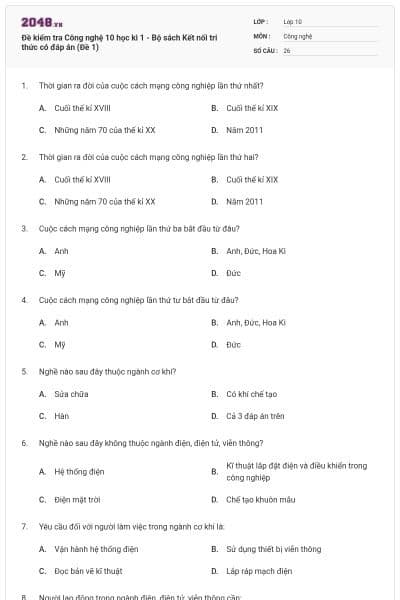 Đề kiểm tra Công nghệ 10 học kì 1 - Bộ sách Kết nối tri thức có đáp án (Đề 1)