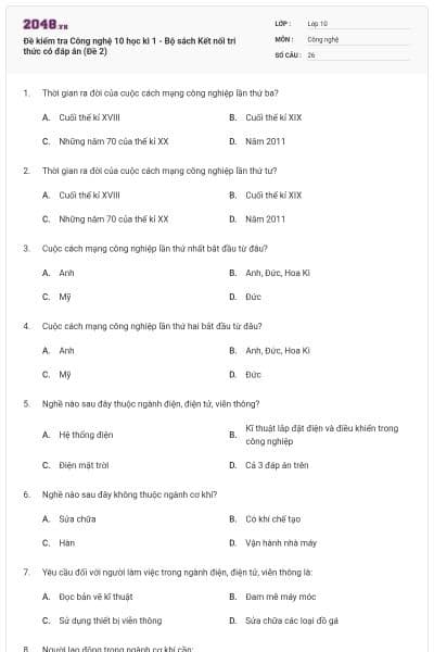Đề kiểm tra Công nghệ 10 học kì 1 - Bộ sách Kết nối tri thức có đáp án (Đề 2)