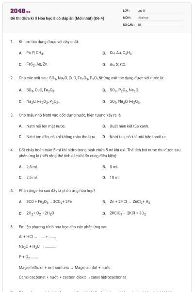 Đề thi Giữa kì II Hóa học 8 có đáp án (Mới nhất) (Đề 4)