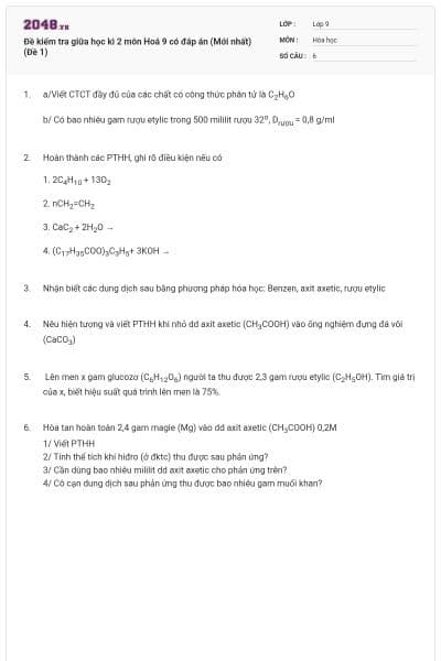 Đề kiểm tra giữa học kì 2 môn Hoá 9 có đáp án (Mới nhất) (Đề 1)