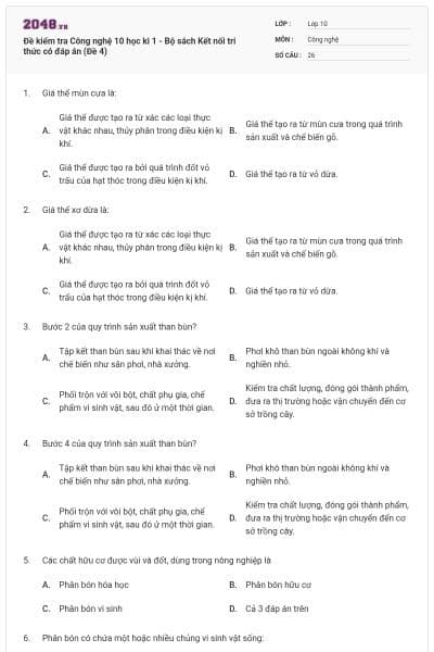 Đề kiểm tra Công nghệ 10 học kì 1 - Bộ sách Kết nối tri thức có đáp án (Đề 4)