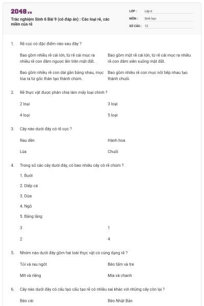 Trắc nghiệm Sinh 6 Bài 9 (có đáp án) : Các loại rễ, các miền của rễ