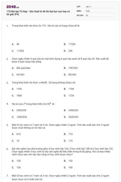 175  Bài tập Tổ Hợp - Xác Suất từ đề thi đại học cực hay có lời giải (P4)