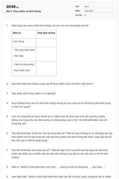 Bài 4: Thực phẩm và dinh dưỡng