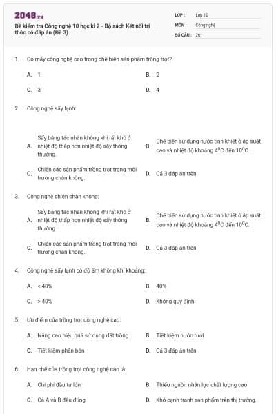 Đề kiểm tra Công nghệ 10 học kì 2 - Bộ sách Kết nối tri thức có đáp án (Đề 3)