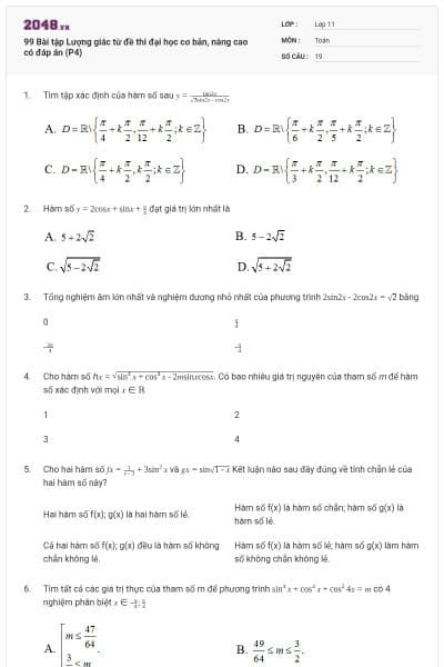 99 Bài tập Lượng giác từ đề thi đại học cơ bản, nâng cao có đáp án (P4)