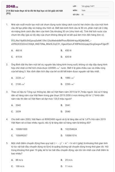 214 Bài toán thực tế từ đề thi Đại học có lời giải chi tiết (P5)
