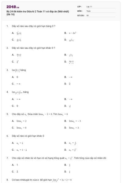 Bộ 24 Đề kiểm tra Giữa kì 2 Toán 11 có đáp án (Mới nhất) (Đề 16)