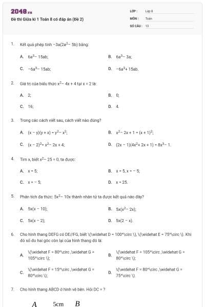 Đề thi Giữa kì 1 Toán 8 có đáp án (Đề 2)