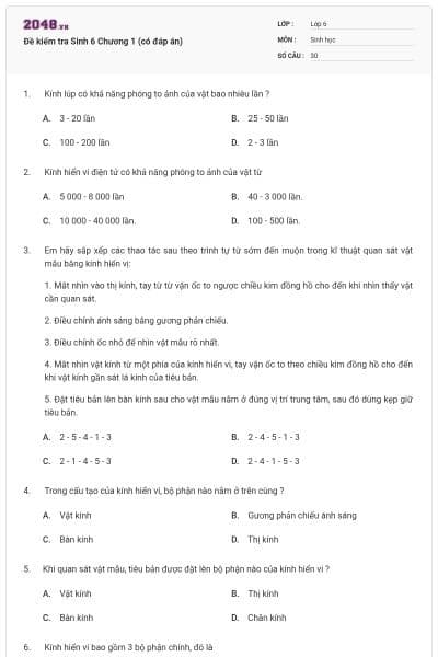 Đề kiểm tra Sinh 6 Chương 1 (có đáp án)