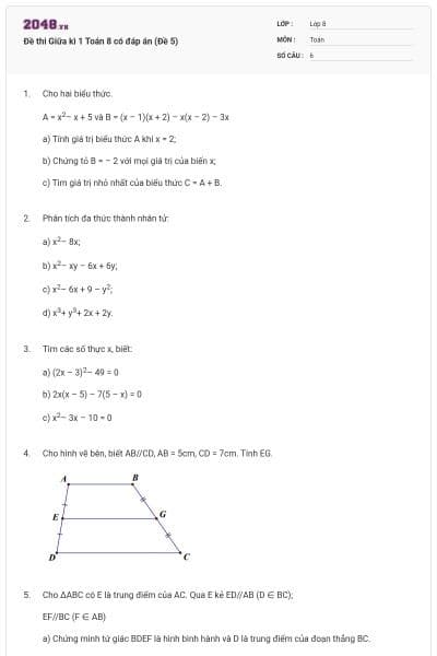 Đề thi Giữa kì 1 Toán 8 có đáp án (Đề 5)