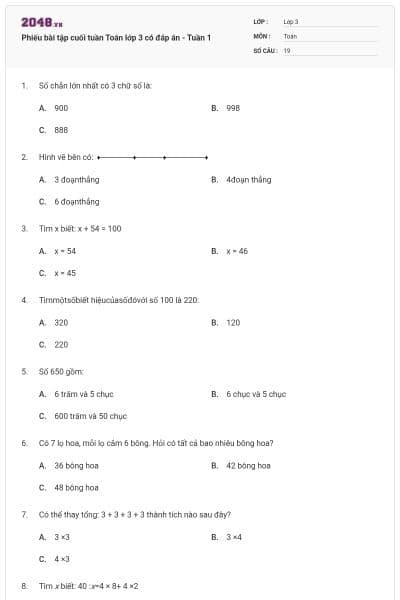 Phiếu bài tập cuối tuần Toán lớp 3 có đáp án - Tuần 1