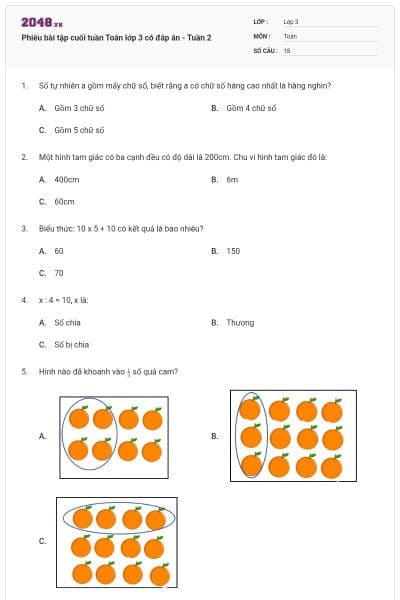 Phiếu bài tập cuối tuần Toán lớp 3 có đáp án - Tuần 2