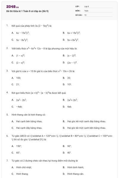 Đề thi Giữa kì 1 Toán 8 có đáp án (Đề 9)