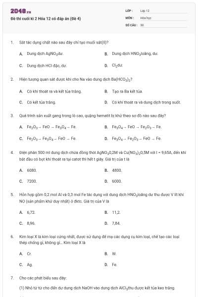 Đề thi cuối kì 2 Hóa 12 có đáp án (Đề 4)