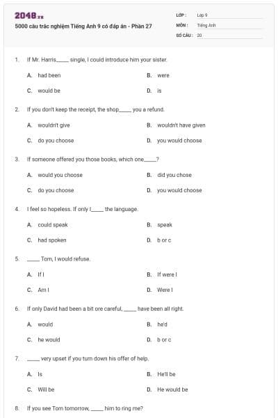 5000 câu trắc nghiệm Tiếng Anh 9 có đáp án - Phần 27