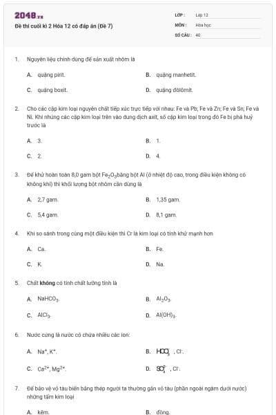 Đề thi cuối kì 2 Hóa 12 có đáp án (Đề 7)