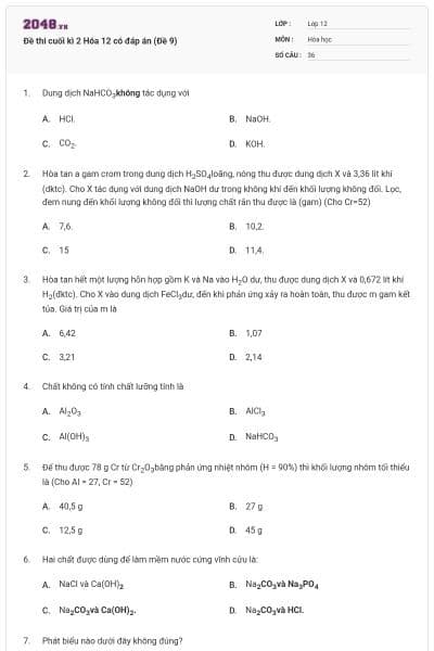 Đề thi cuối kì 2 Hóa 12 có đáp án (Đề 9)