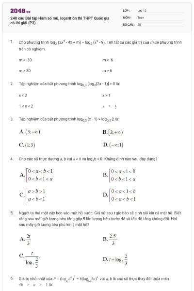 240 câu Bài tập Hàm số mũ, logarit ôn thi THPT Quốc gia có lời giải (P3)