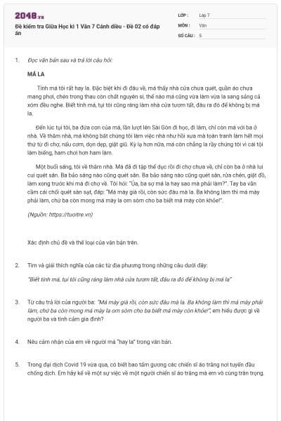 Đề kiểm tra Giữa Học kì 1 Văn 7 Cánh diều - Đề 02 có đáp án