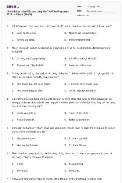 Đề minh họa môn Giáo dục công dân THPT Quốc gia năm 2022 có lời giải (20 đề)