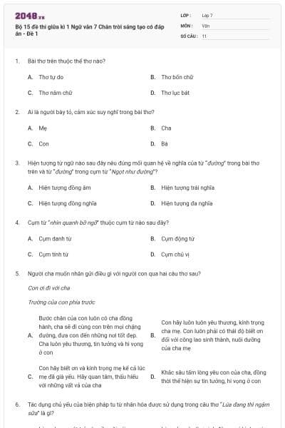 Bộ 15 đề thi giữa kì 1 Ngữ văn 7 Chân trời sáng tạo có đáp án - Đề 1