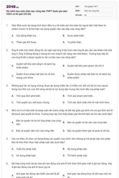 Đề minh họa môn Giáo dục công dân THPT Quốc gia năm 2022 có lời giải (20 đề)