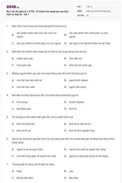 Bộ 5 đề thi giữa kì 1 KTPL 10 Chân trời sáng tạo cấu trúc mới có đáp án - Đề 1