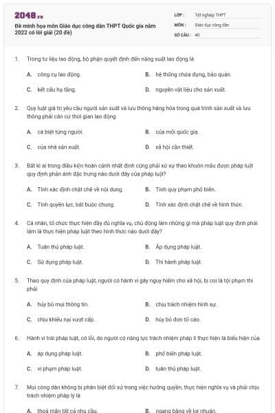 Đề minh họa môn Giáo dục công dân THPT Quốc gia năm 2022 có lời giải (20 đề)
