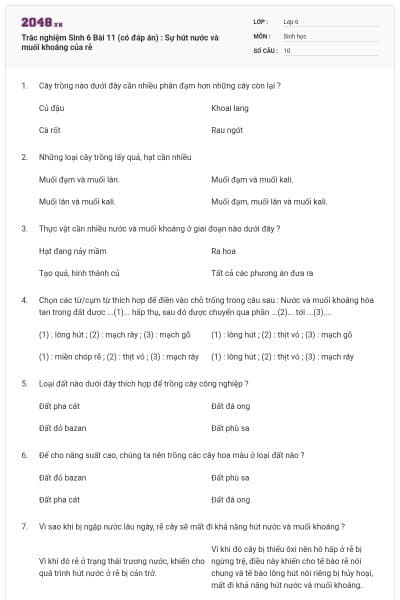 Trắc nghiệm Sinh 6 Bài 11 (có đáp án) : Sự hút nước và muối khoáng của rễ