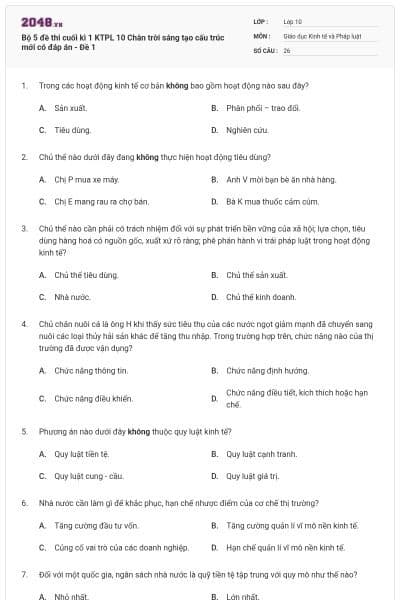 Bộ 5 đề thi cuối kì 1 KTPL 10 Chân trời sáng tạo cấu trúc mới có đáp án - Đề 1